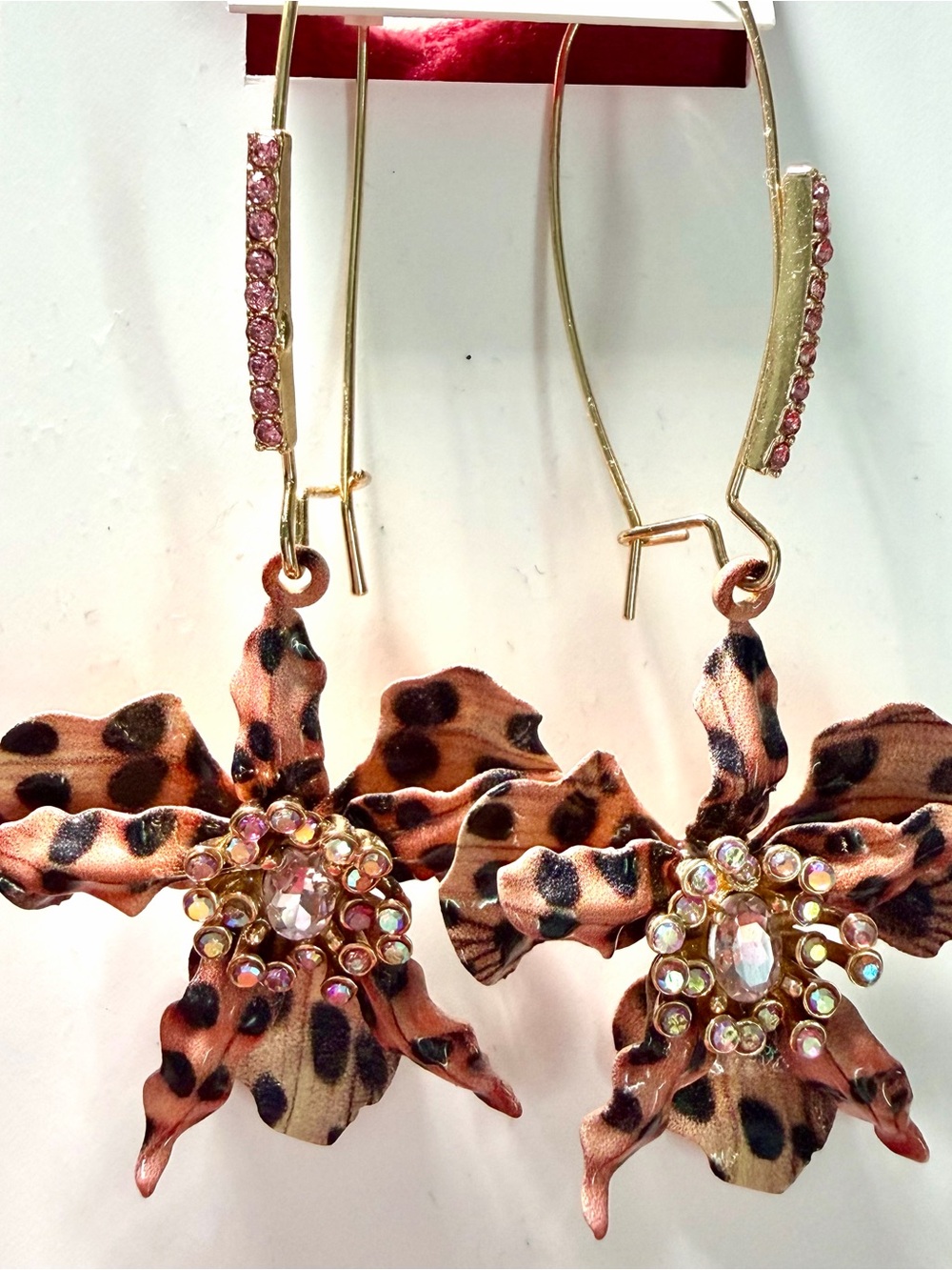 Betsey Johnson Pink Leopard-Print Crystal Orchid Flower Earrings. Alt Whimsigoth